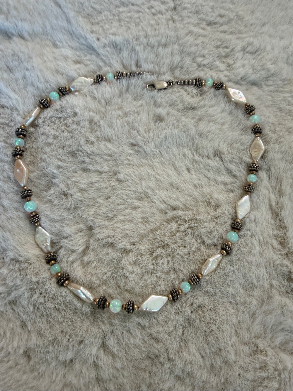 Sterling Silver White Pearl and Mint Bead Necklace